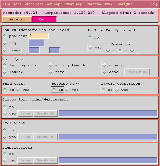 Msort's graphical user interface - key 01 page