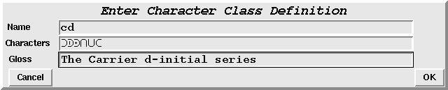 A character class definition entered interactively